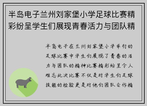 半岛电子兰州刘家堡小学足球比赛精彩纷呈学生们展现青春活力与团队精神